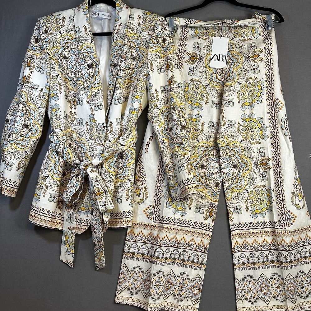 ZARA Paisley 2-Piece Set XXL Blazer w/ Belt & Wide-Leg Pants V-Neck